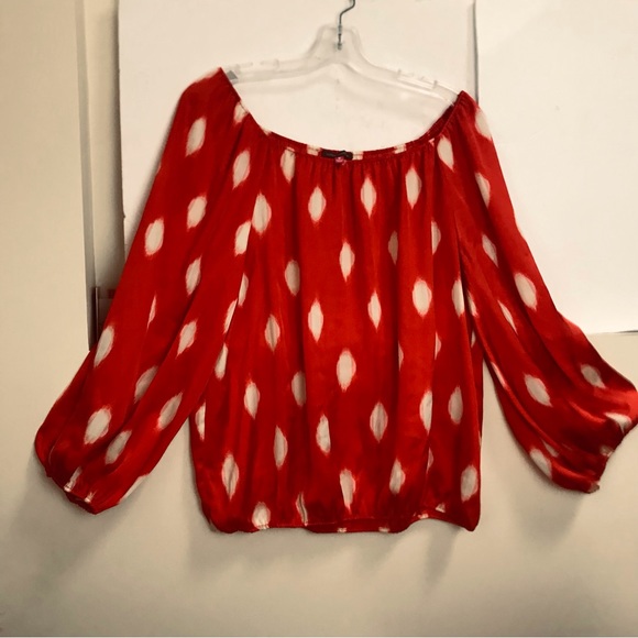 Vince Camuto Balloon Sleeve Silky Loose Drapey Top Blouse Off Shoulder Crew Dots - Picture 5 of 14